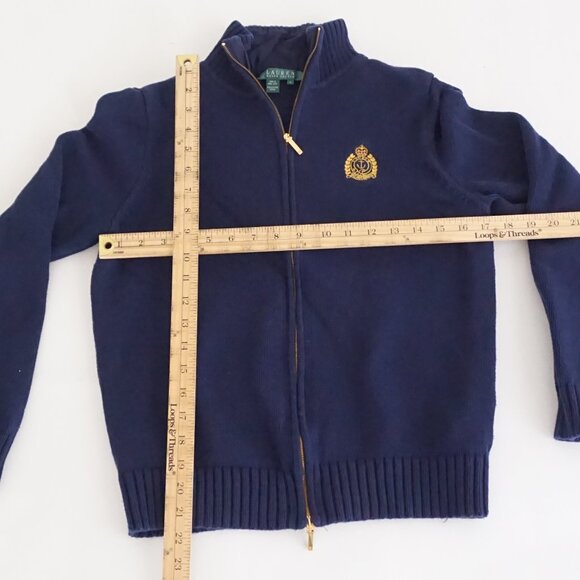 Vintage Ralph Lauren Navy Zip Cotton Sweater Preppy Collegiate Crest Knit L - Picture 3 of 8